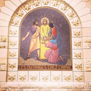 Modern mural at St Peter in Gallicantu, Jerusalem: the abuses at Caiphas's house