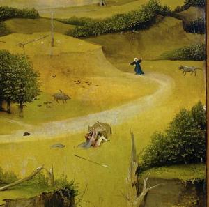 Fleeing from a wolf, gored by a boar. Hieronymus Bosch, Triptych of the Epiphany, c. 1495, oil on panel. Museo nacional del Prado, Madrid.